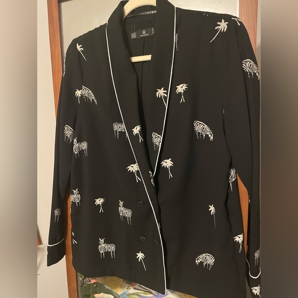 Volcom double breasted zebra and palm print blazer